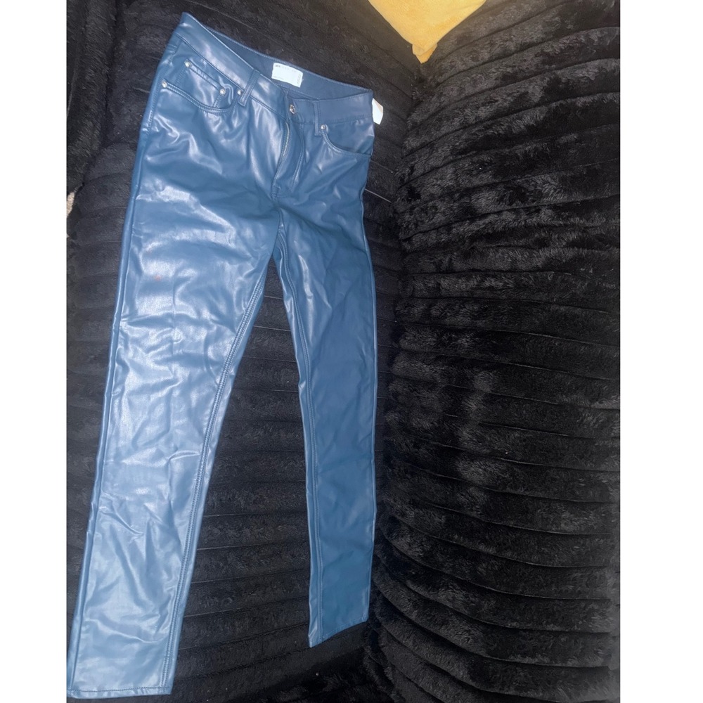 ASOS DESIGN Blue Faux Leather Pants W30 L31 Y2K Vintage Wide Leg